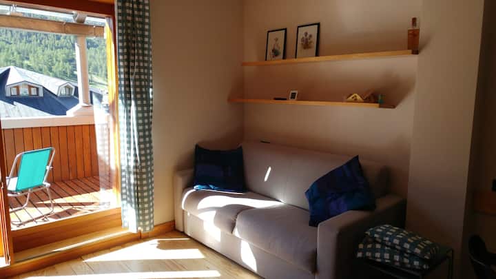 Მისაღები ოთახი გასაშლელი დივნით, ტელევიზორით, მაგიდით და აივანზე გასასვლელით