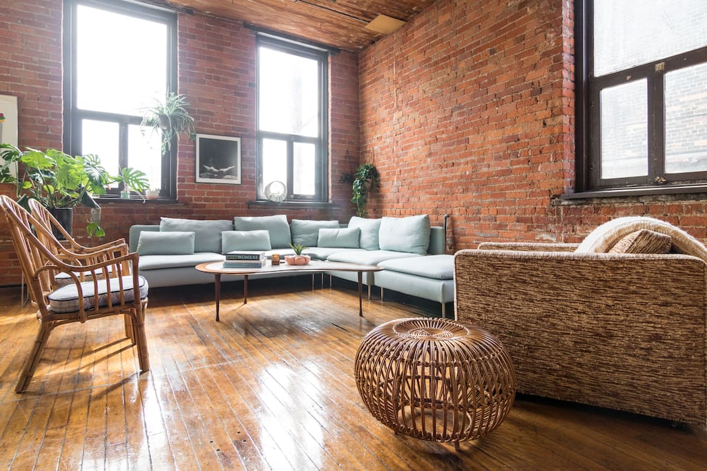 Living room seating area with the world's most comfy vintage cube chair (made in Detroit back in the day!)