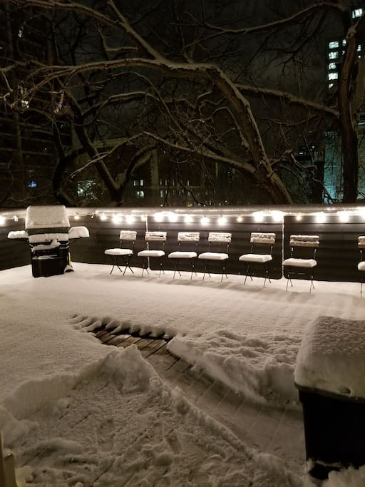 Our big private deck at night in the snow