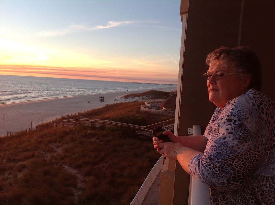 Balcony view, sunset glow.