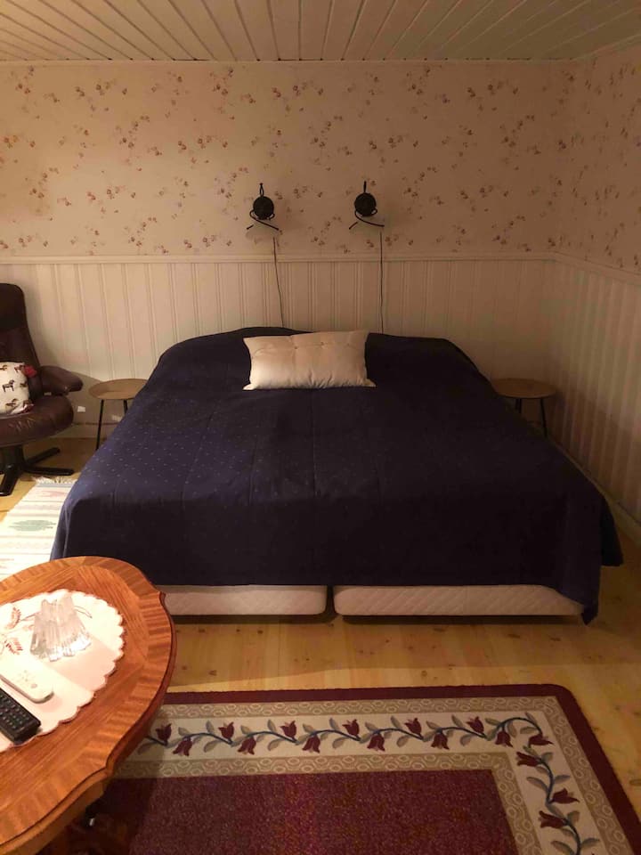Sala con cama doble ( no divisible), sofá más pequeño con mesa,sillón, TV,