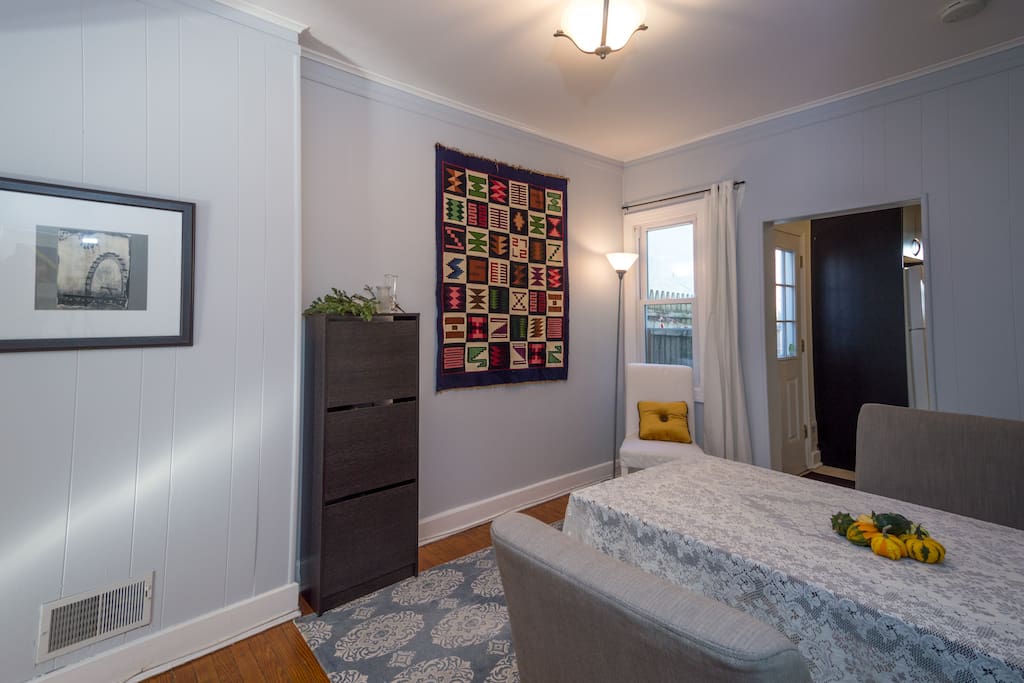 Dining room with wall hanging from Peru!
