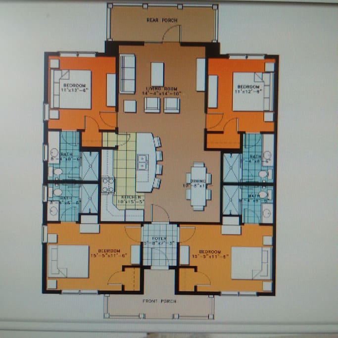 Layout of the unit with 4 bedrooms and bathrooms in each corner then open concept living room, dining room and kitchen