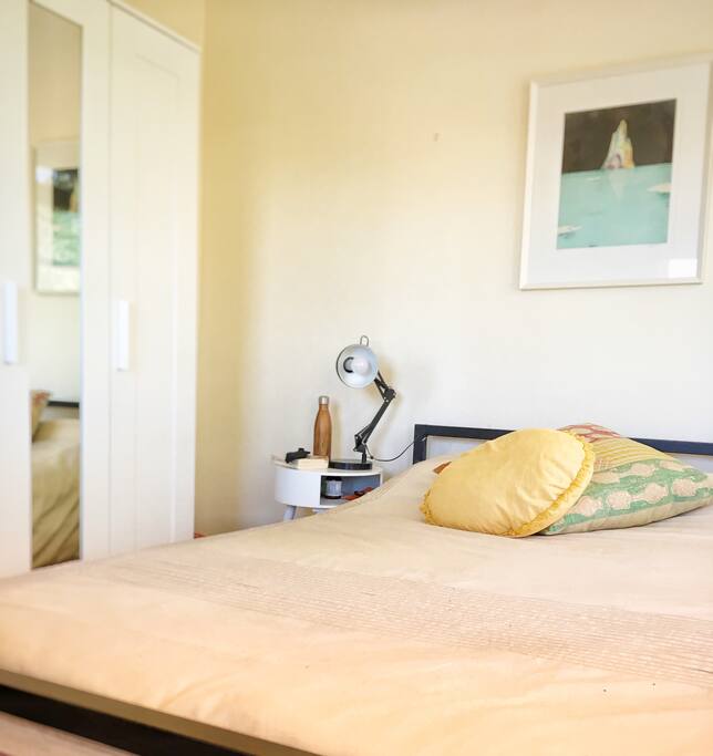 Sunny and leafy room.