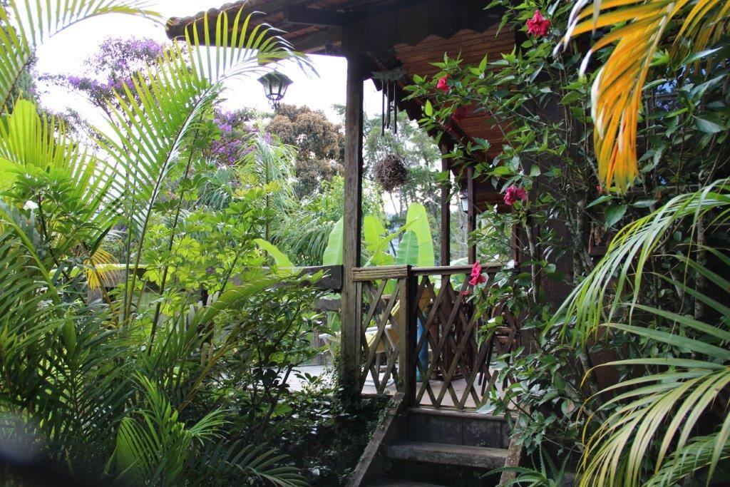 Cabin close up from the opposite side of the surrounding garden.