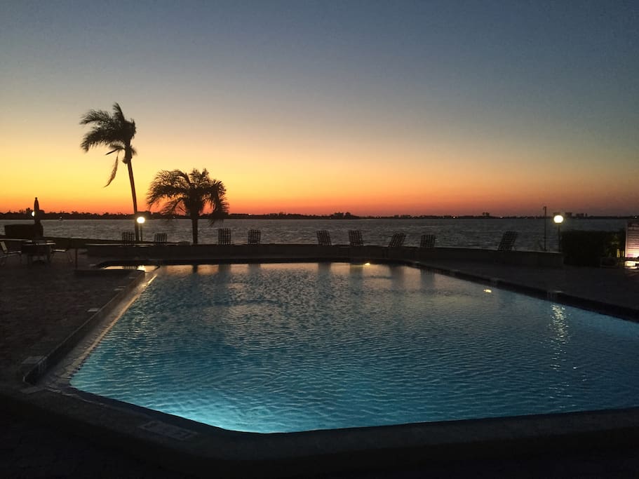 Sunset at the waterfront pool