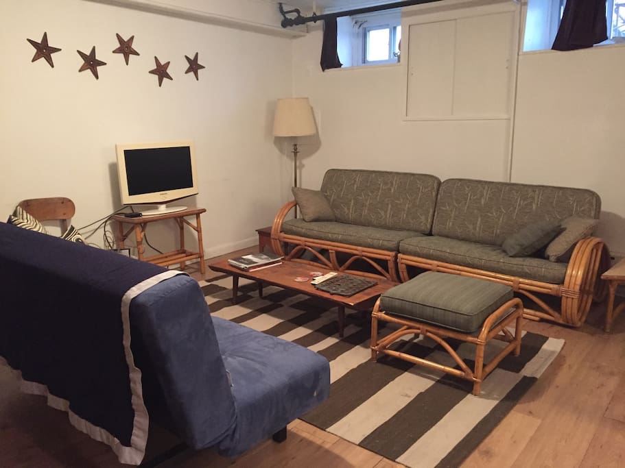 spacious living room with futon convertible bed