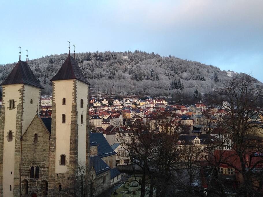 View from terrace: The Maria church and Fløyen in the back ground ( in winter -time)