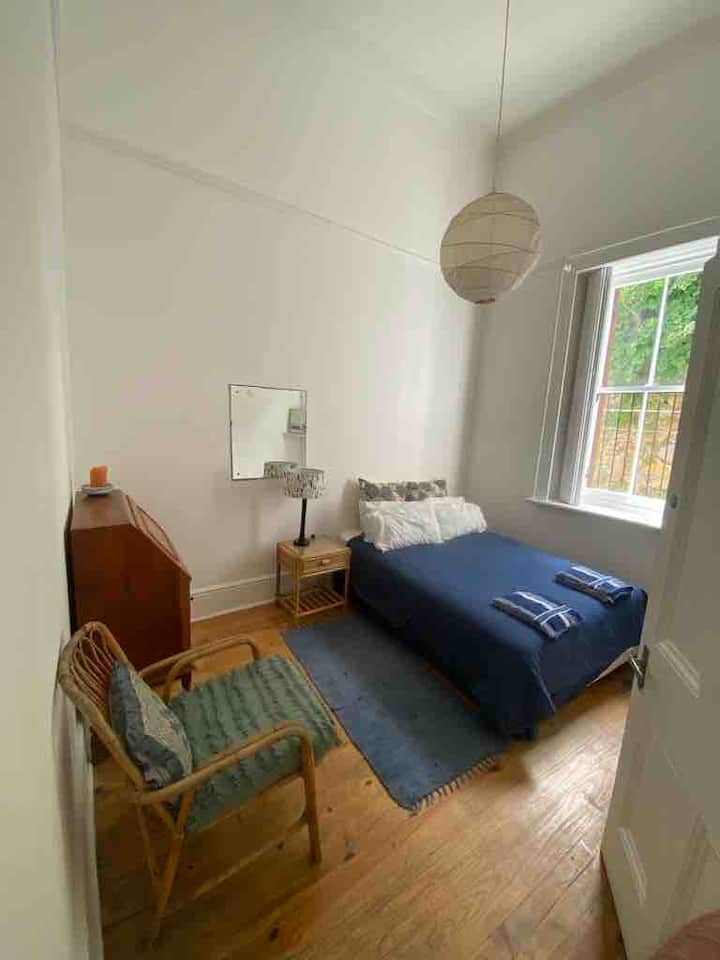 Პატარა საძინებელი ორადგილიანი საწოლითა და ბუხრით 