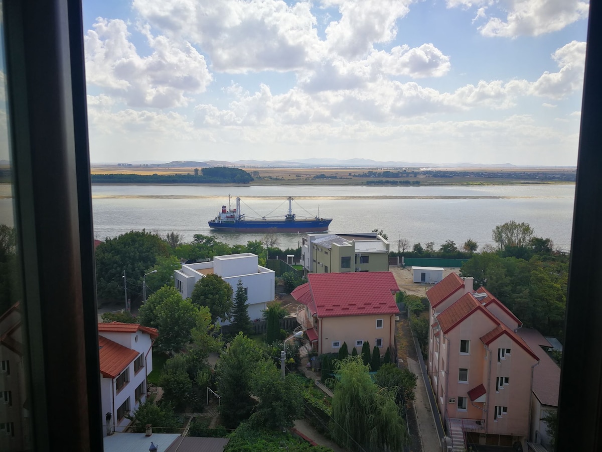 A view of the Danube River is captured from a window, displaying a cargo ship navigating along the water. The foreground features a variety of residential buildings, surrounded by lush greenery and landscaping. A cloudy sky adds depth to the serene landscape.