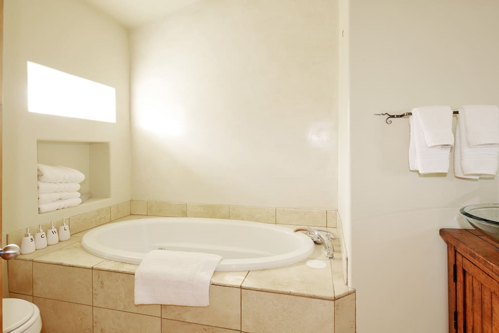 Large master bathroom features jetted soaking tub