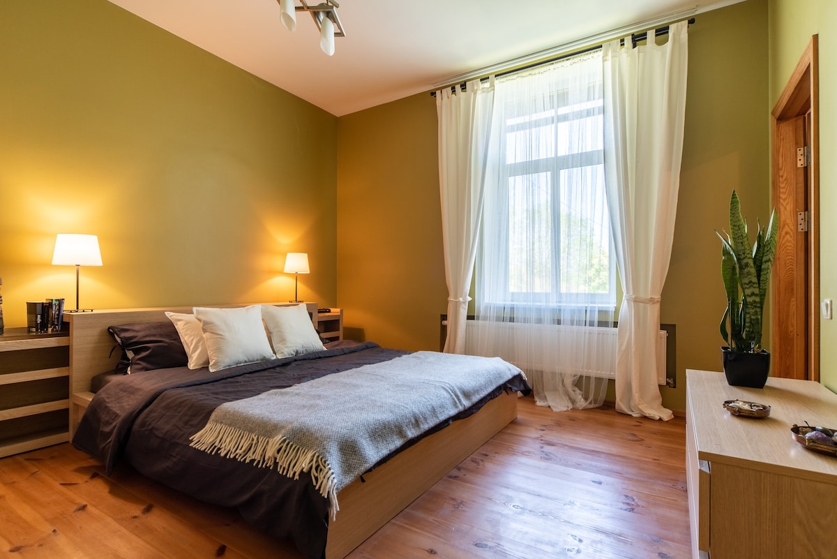 A spacious bedroom features a large bed with dark bedding and light-colored pillows, complemented by a cozy throw. Soft lighting from two bedside lamps creates a warm ambiance, while natural light filters through a large window adorned with sheer curtains.