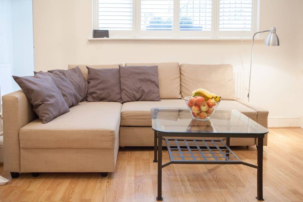 Living room with double sofa bed, coffee table