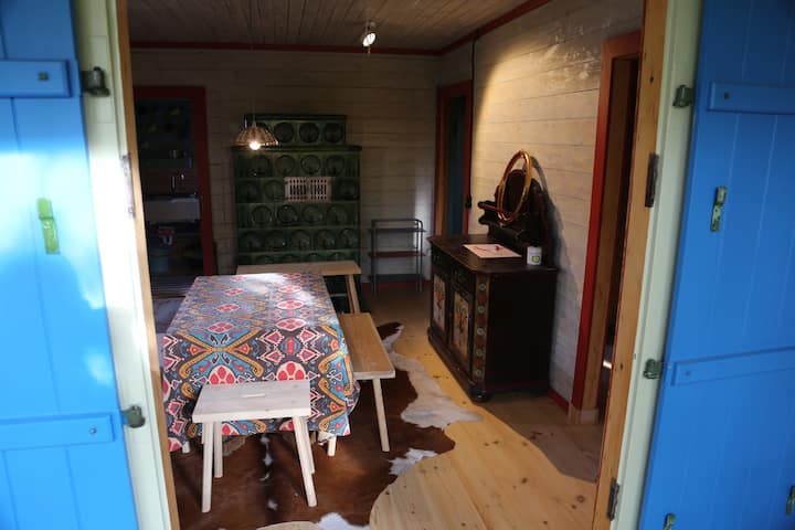 Living room with tiled stove