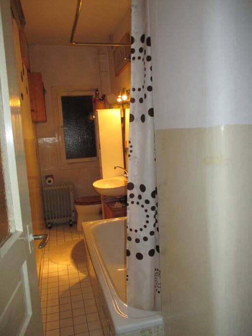 Ein kleines schmales Bad, das alles hat und zum baden oder duschen einlädt.