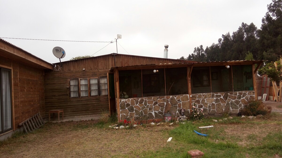The exterior of the house is characterized by wood paneling and stone highlights, featuring a covered porch with screens and outdoor lighting. A satellite dish is mounted on the roof. Surrounding greenery includes grass and flower beds, creating a tranquil rural environment.