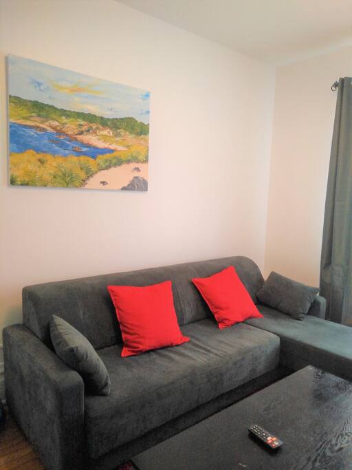 Living Room With Sectional couch that turns into a double size sofabed