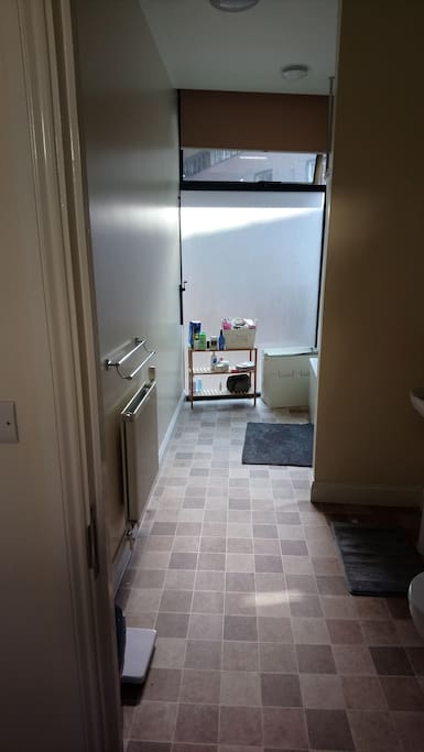 Shared bathroom that has a toilet, sink, bathtub and shower in the bath
