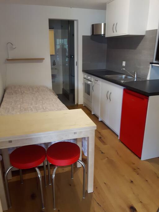 Studio mit Küche, Bett und kleiner Tisch.