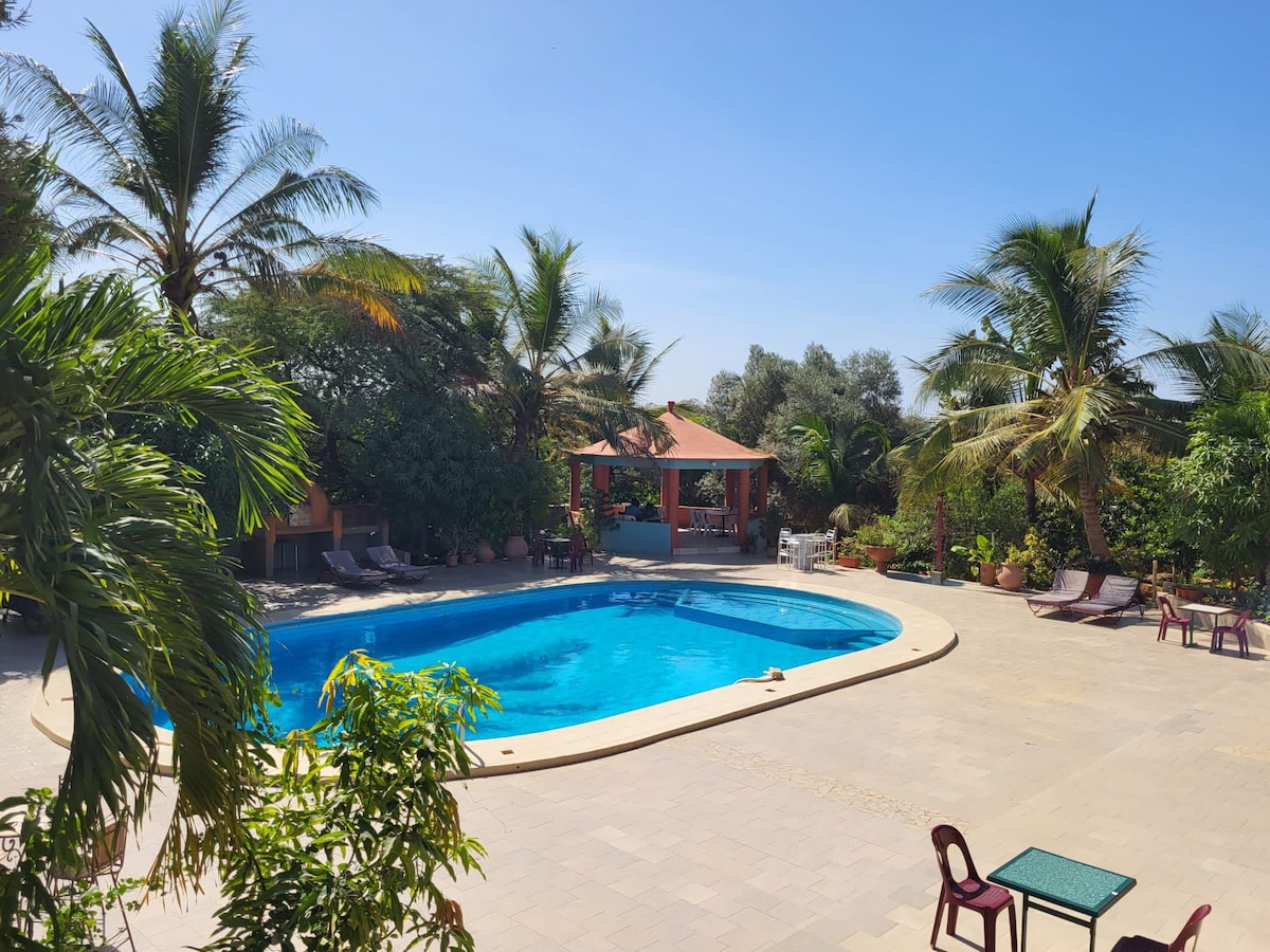 A large swimming pool is surrounded by lush palm trees and tropical plants. Comfortable lounge chairs are positioned around the pool area, with a shaded gazebo visible in the background. The clear blue sky provides a serene atmosphere, inviting relaxation.