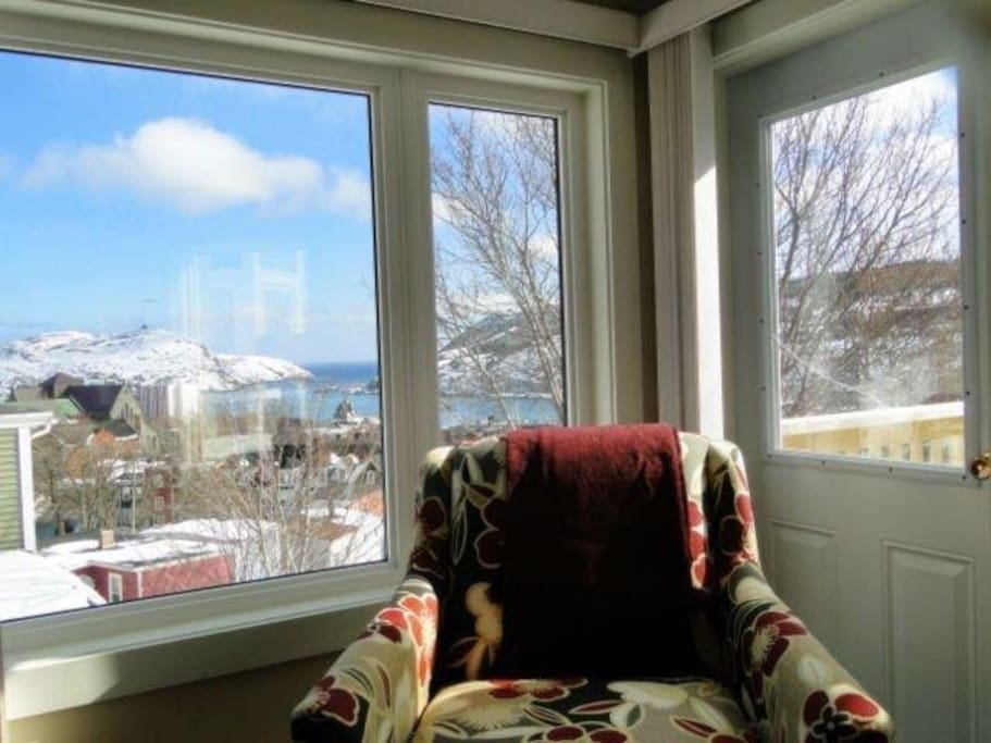 Downtown St. John’s in winter, view from couch in living room.