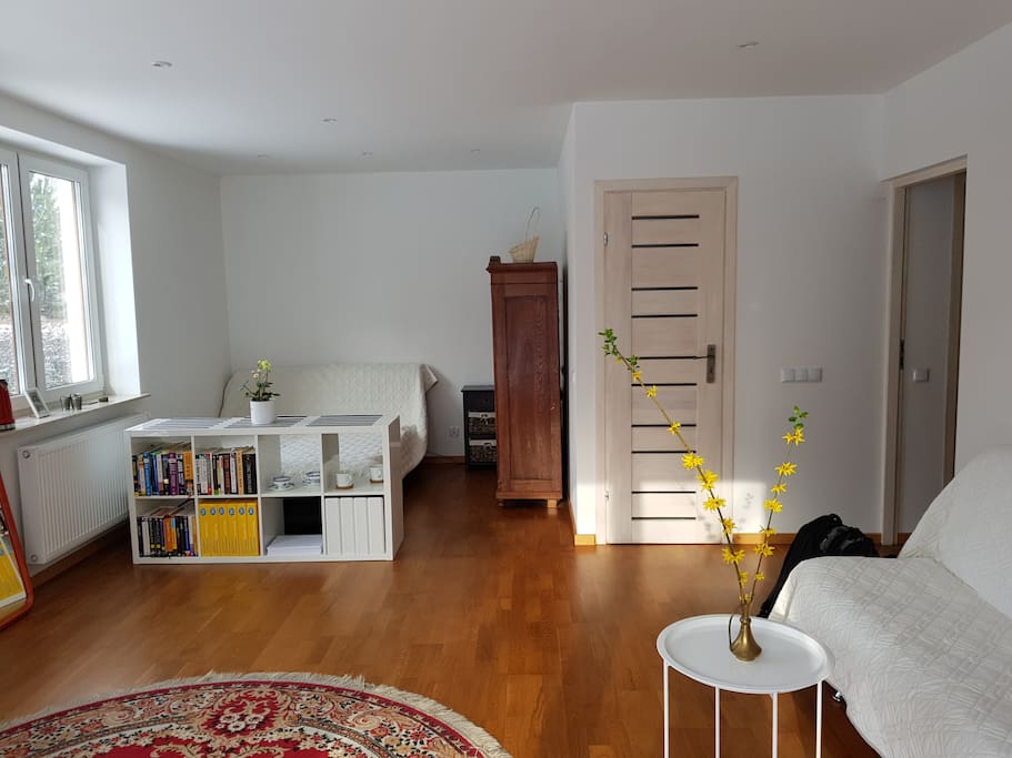 This is your room with a new bed and new sofa. Your room has a private entrance to the house, and a private bathroom. Your room can be locked if you wish