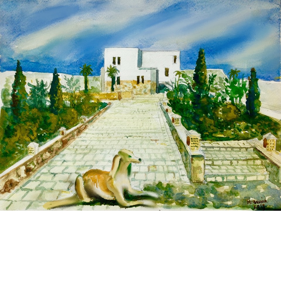 A watercolor painting depicts a charming villa, approached by a stone pathway lined with greenery. A camel rests in the foreground, while tall trees and shrubs frame the scene, complemented by a bright blue sky with wispy clouds.