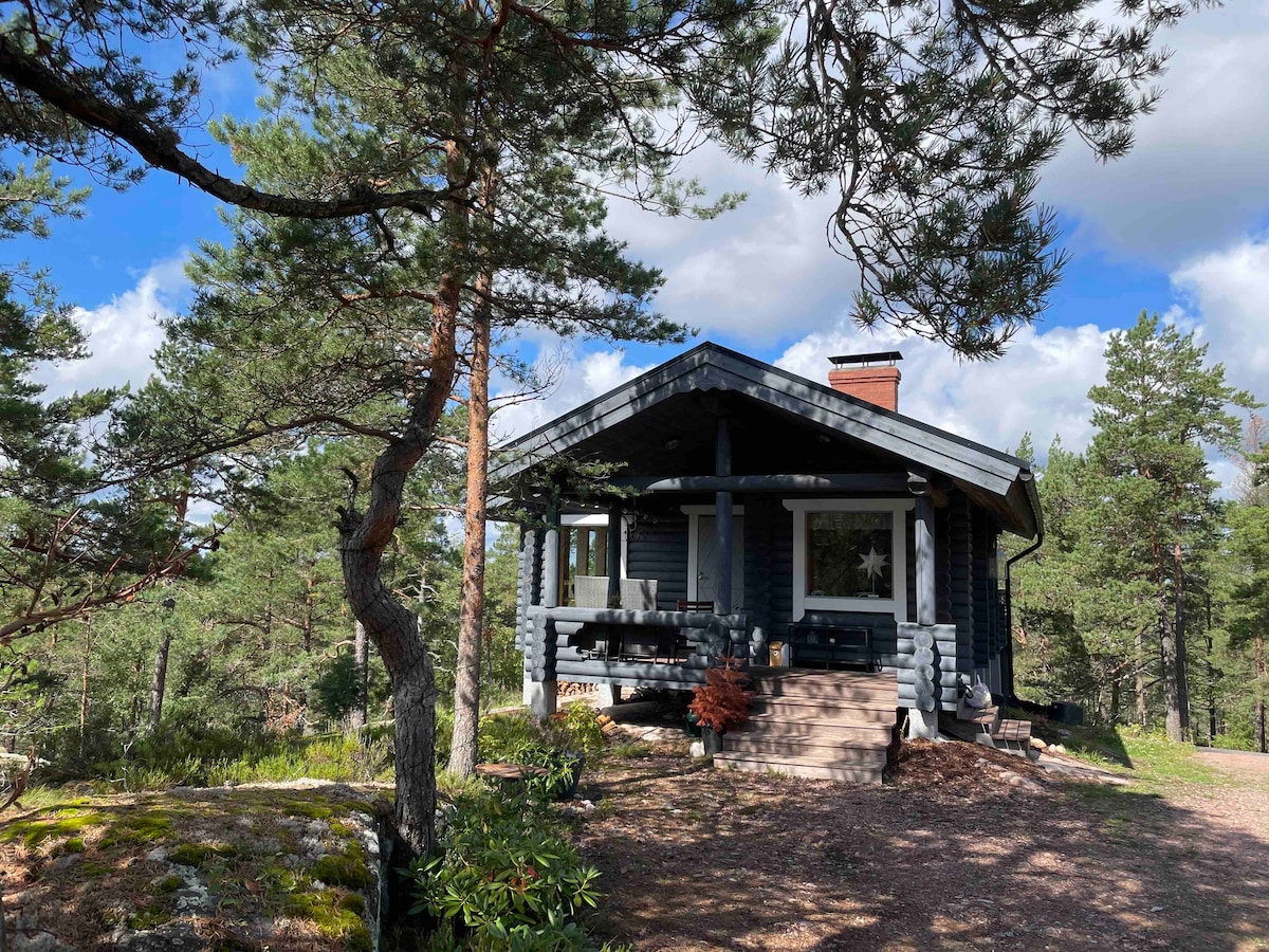 The exterior of the cabin features a sloped roof and dark wood siding, framed by tall trees and greenery. A set of steps leads to a welcoming porch area with outdoor seating, providing a serene view of the surrounding landscape.