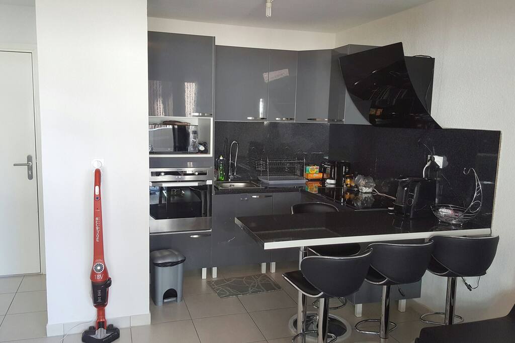 Cuisine tout équipé avec frigo ,hôte four, plaque et micro onde