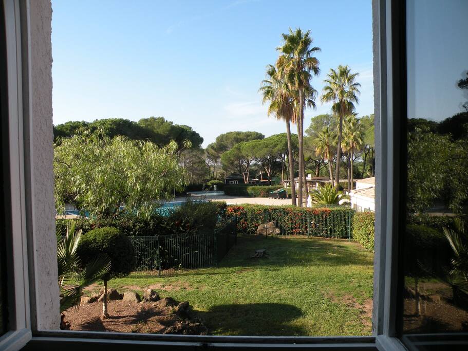 Vue parc et piscine depuis le salon