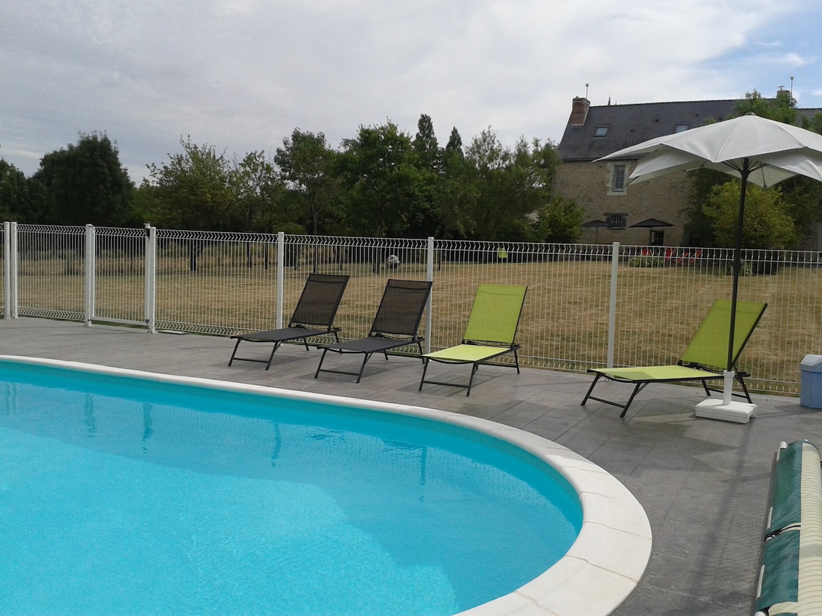 A heated swimming pool is surrounded by a spacious deck featuring four lounge chairs, two in a light green color and two in dark tones. A large umbrella provides shade while a grassy area and trees are visible in the background.