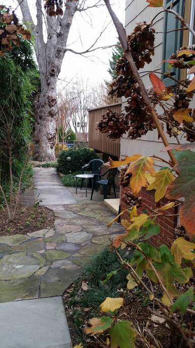 Entrance area to basement studio in the Fall. Includes your outdoor seating area.