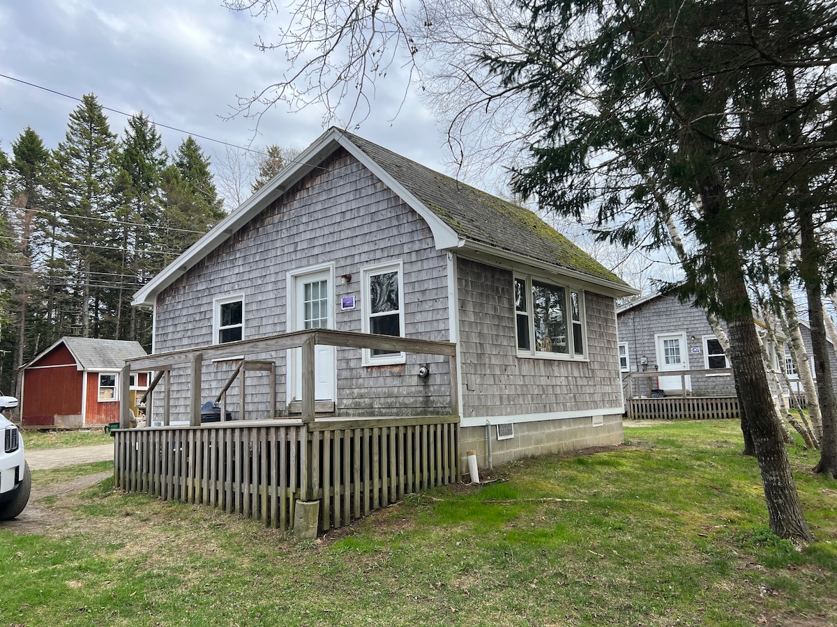 A quaint, single-story cabin featuring wooden shingles and a spacious deck. The surrounding area includes grass and trees, with additional cabins visible in the background. The atmosphere is peaceful, blending seamlessly with the natural landscape.