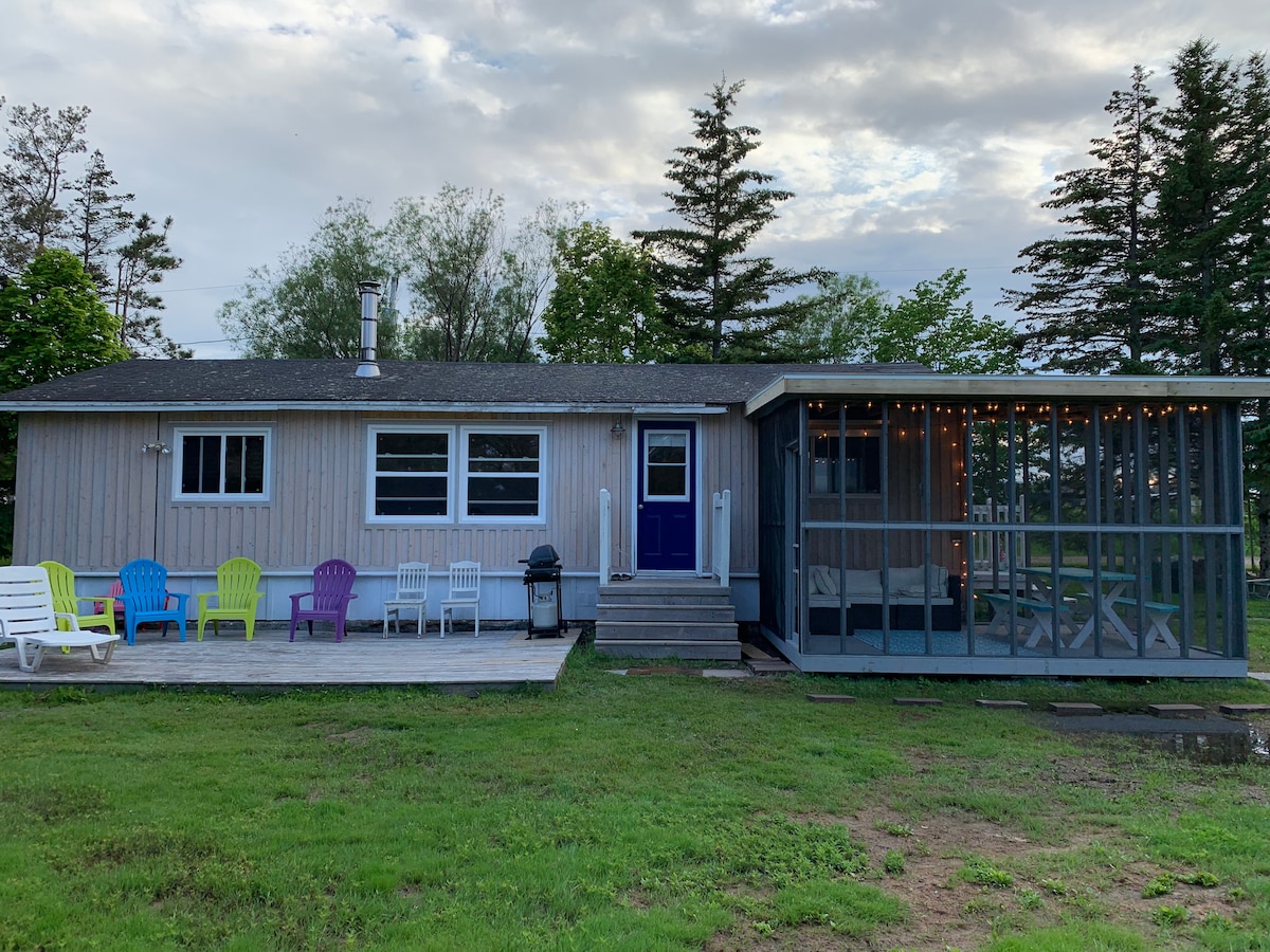 A cozy cottage is set against a backdrop of greenery, featuring a deck and a screened porch. Colorful outdoor chairs are arranged on the lawn, and a gas grill is positioned next to the entrance. Soft lighting adorns the porch space, creating a welcoming ambiance.