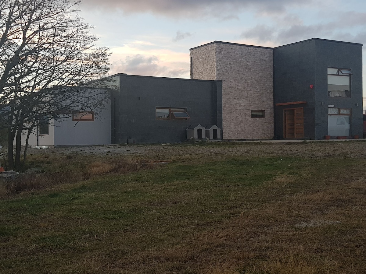 A modern two-story house is displayed, featuring a mix of textured gray and light-colored brick exteriors. Large windows provide ample natural light, while a spacious yard is seen in the foreground, complete with a few low-lying shrubs and a tree on the side.