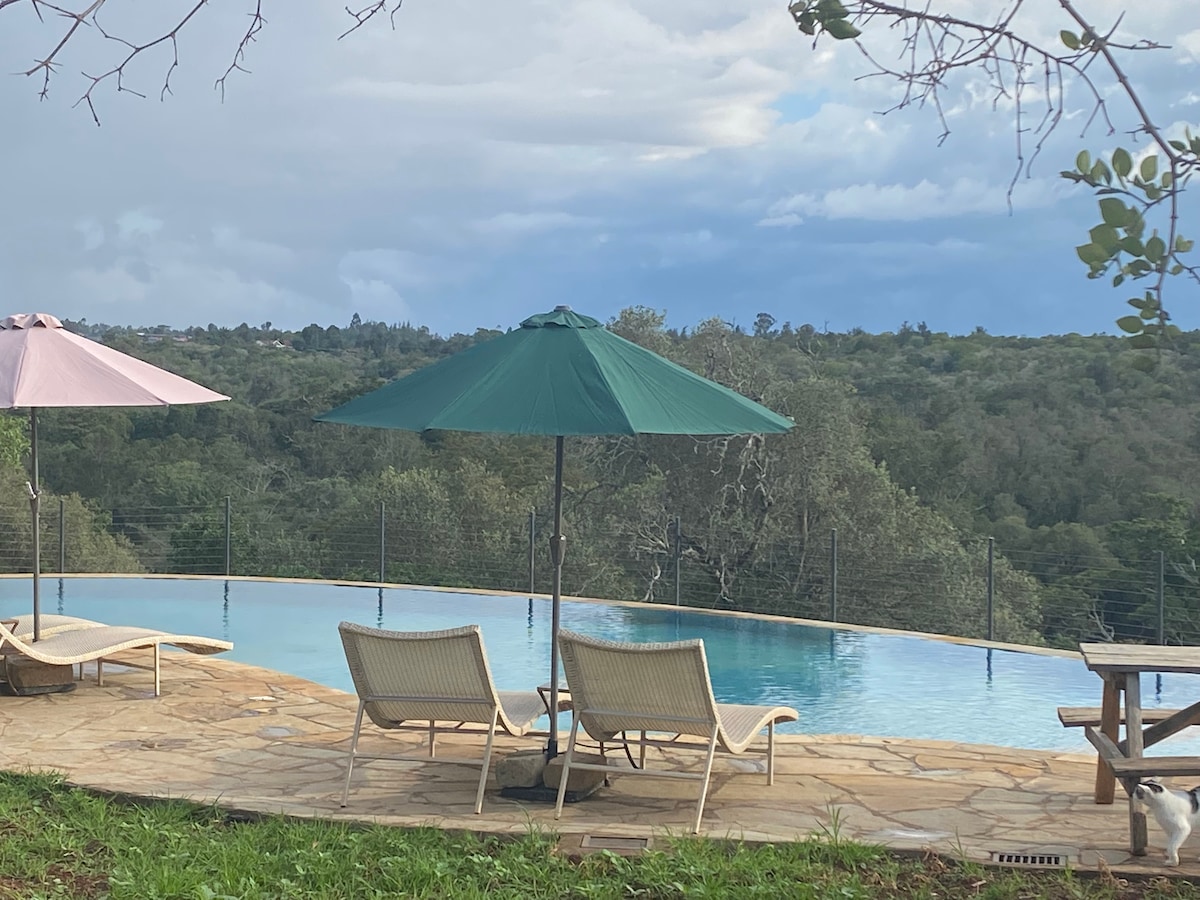 A serene outdoor pool area features an infinity-edge design, merging seamlessly with the landscape. Two lounge chairs are positioned under colorful umbrellas, with stone paving surrounding the water. Lush greenery and trees create a tranquil backdrop, enhancing the peaceful ambiance.