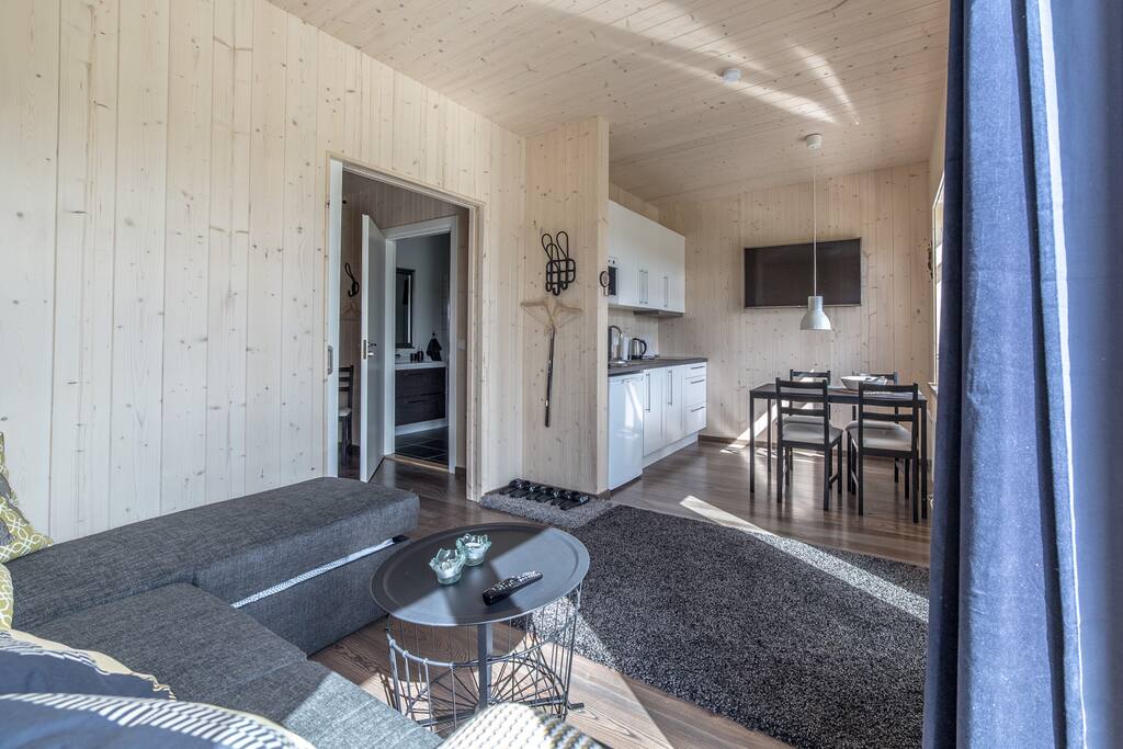 Living-room / kitchen / dining. 49" satellite TV on kitchen wall.