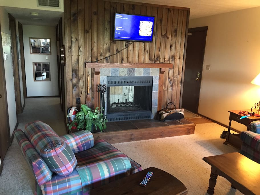 Snuggle up by the fireplace and enjoy your favorite media on the ChromeCast and DVD equiped TV.