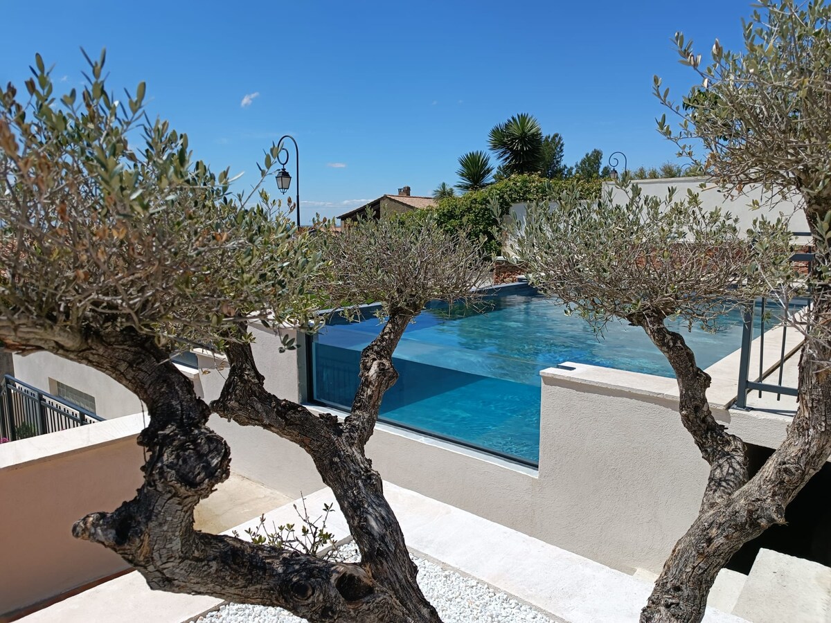 An inviting infinity pool reflects the sky's blue hues, framed by a natural stone terrace. Olive trees add character to the scene, while the surrounding greenery enhances the tranquil atmosphere. Steps lead gracefully into the pool, which overlooks the charming village of Aureille.