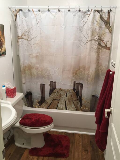 Stroll onto the boardwalk as you walk into the misty waters of the forest!
This is the Guest bathroom to be shared by guests only.
Enjoy a shower or a bath to get you going in the morning.