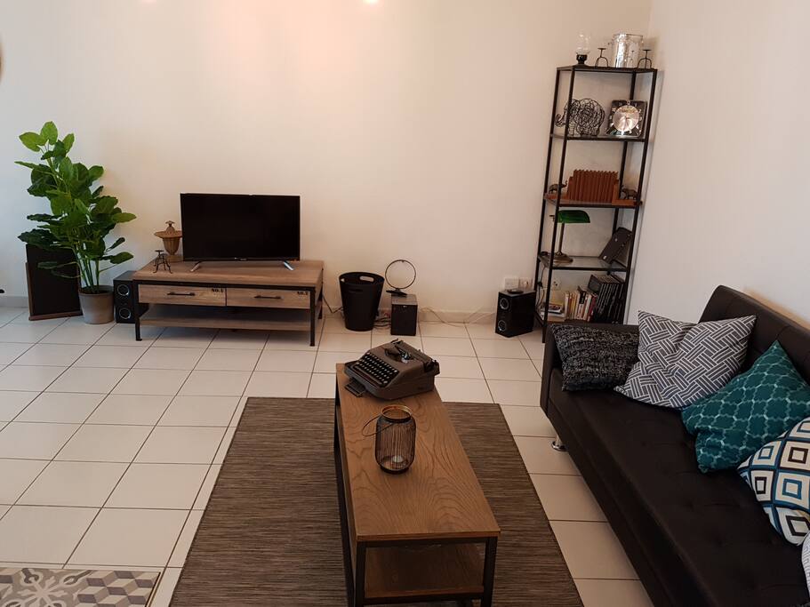 Well furnished living room with comfortable couch, coffee table, flat screen TV