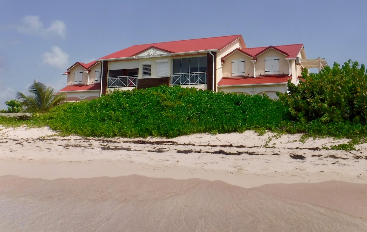 A beachfront property is visible, with a red-tiled roof and white exterior, surrounded by lush greenery. The building is elevated slightly from the sandy shore, displaying a charming architectural design. The serene coastline and gentle waves can be seen in the foreground.