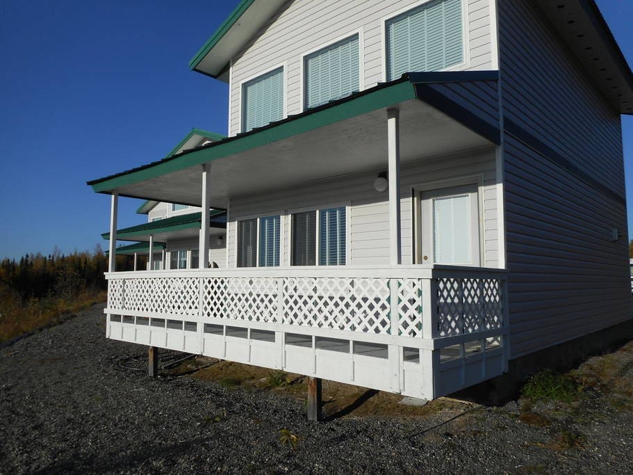 Porch overlooking Kenai River and mountain views