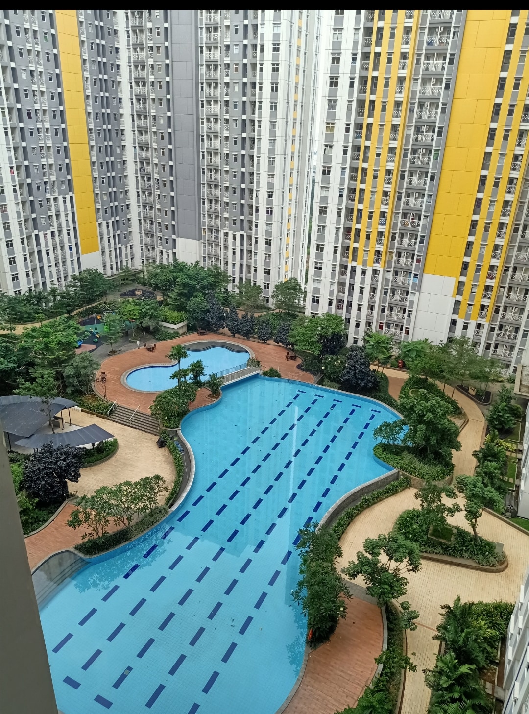 A tranquil view of a landscaped pool area is presented. The pool features a winding shape with designated lanes for swimming, surrounded by lush greenery and lounge areas. Tall apartment buildings frame the scene, adding a structured contrast to the natural elements.