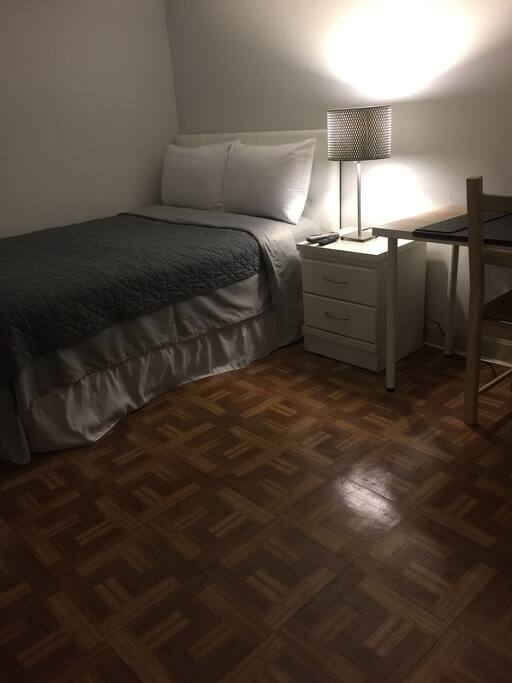 Room 1 - Desk and chair, lampshade, Full size bed with clean linens.