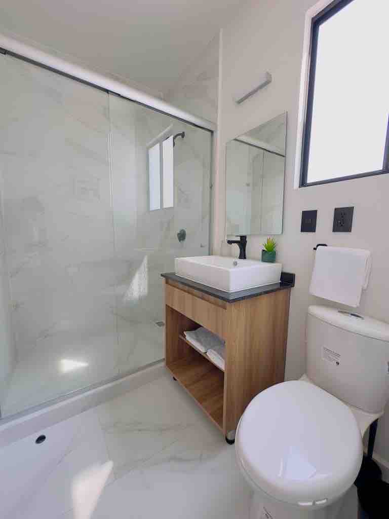 A modern bathroom features a walk-in shower with glass walls and a rainfall showerhead. A sleek wooden vanity displays a white sink and a small plant. A large mirror reflects natural light from a window, while clean towels are neatly arranged on a lower shelf.