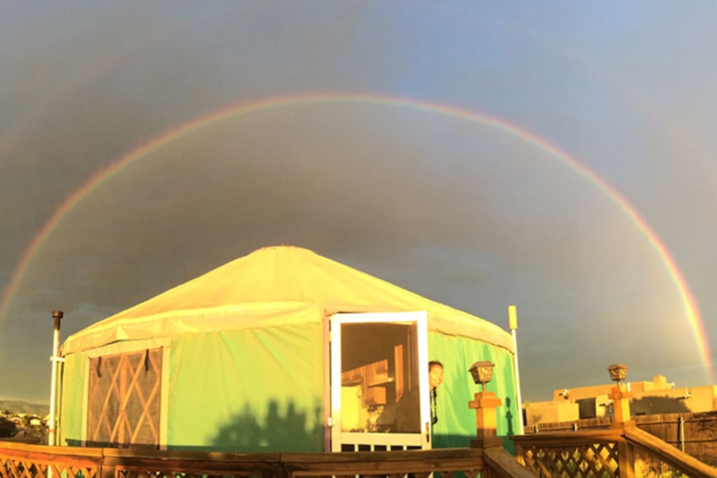 Rainbows spanning the mountains and in this case the whole yurt frequently happen during the summer monsoons.