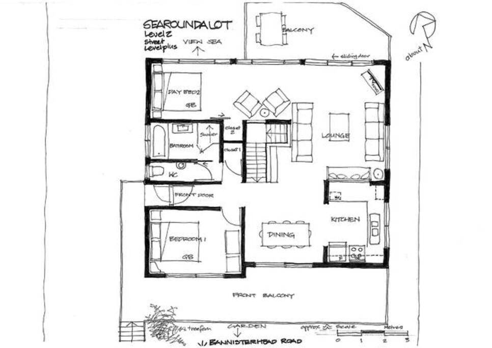 Entry level from street
North up the page. Views.