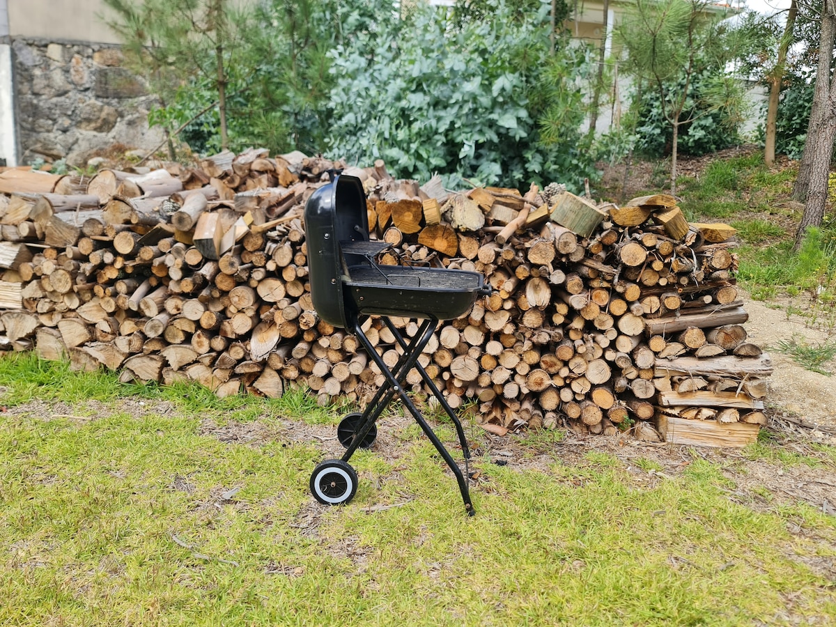 A portable grill is positioned on a grassy area, with a stack of firewood in the background. The neatly arranged firewood is composed of various log sizes, providing a rustic touch to the outdoor setting.