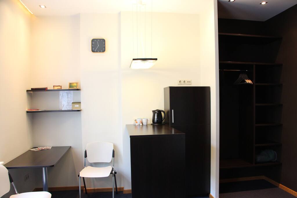 You will find in your room hot water, coffee, tea, sugar, Riga map, etc.